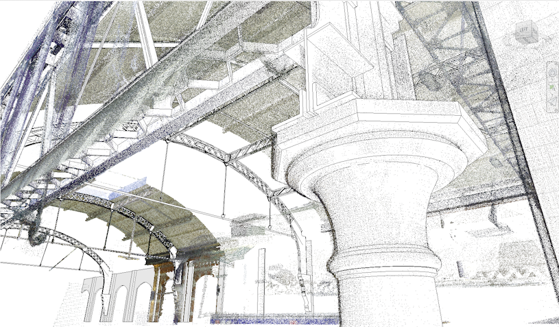 Screenshot gekleurde pointcloud en 3D BIM model in Revit modelleersoftware